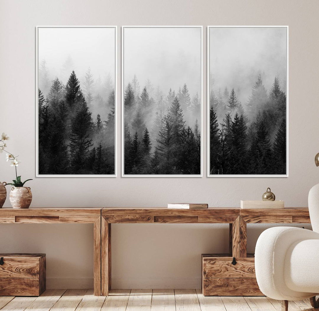 Fogy Forest Canvas Art features misty pines and a mountain landscape.