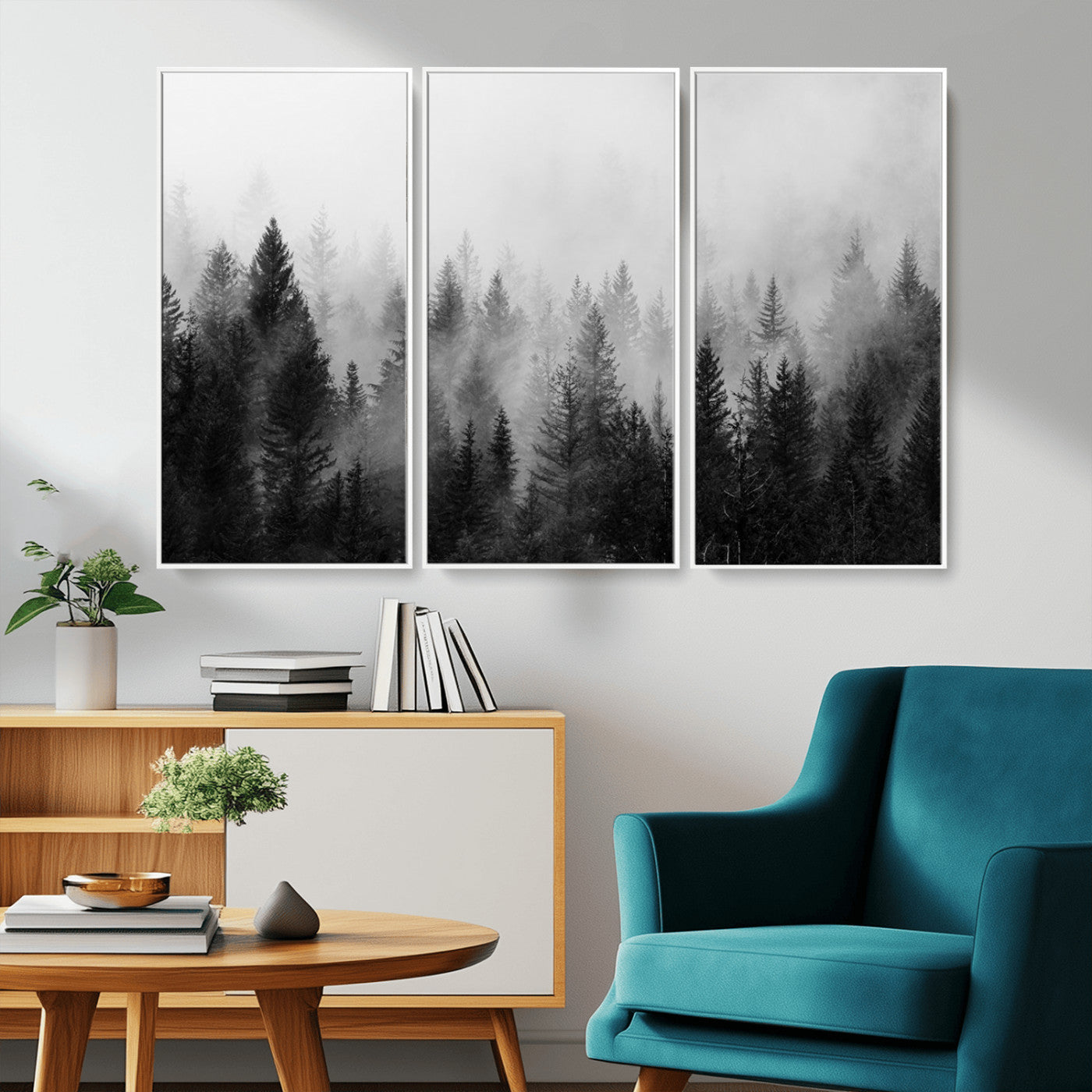 MGV-FC-48X32-3P - Foggy Black and White Forest Wall Art, 3 Panel Misty Pine Trees Canvas Print for Living Room, Office, or Bedroom, Nature-Inspired Woodland Wall Decor