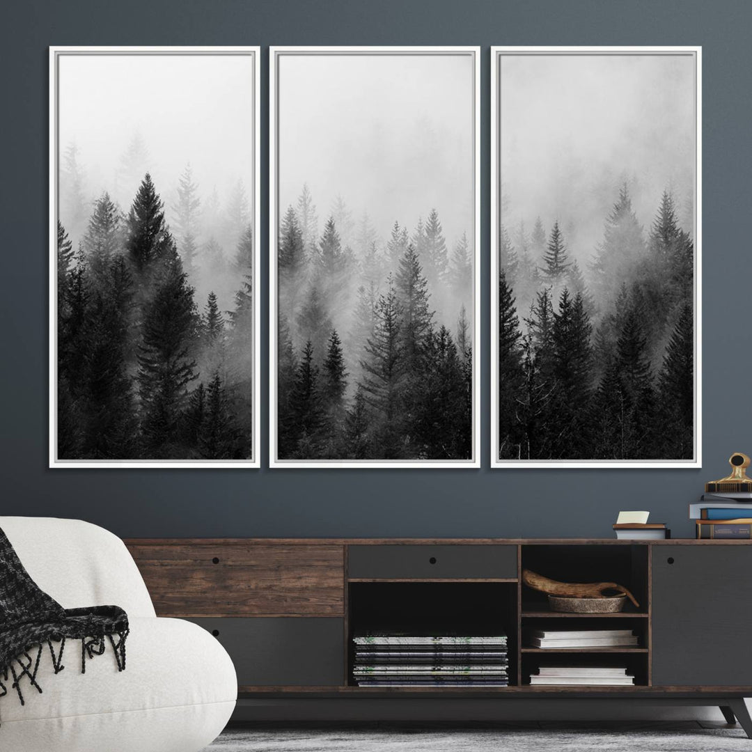 The Foggy B&W Forest Wall Art, featuring pine trees, enhances the minimalist kitchen ambiance.