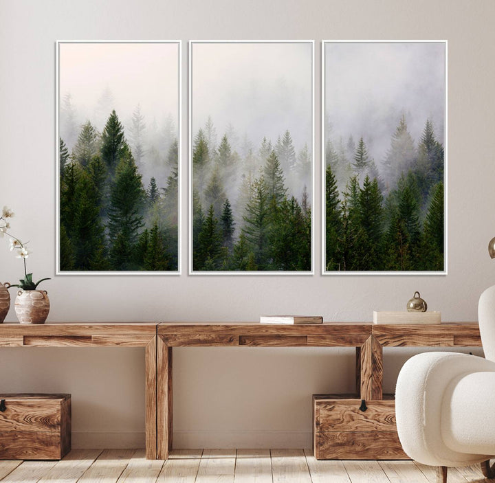 A serene, foggy evergreen forest creates a mysterious atmosphere, ideal for premium canvas wall art.