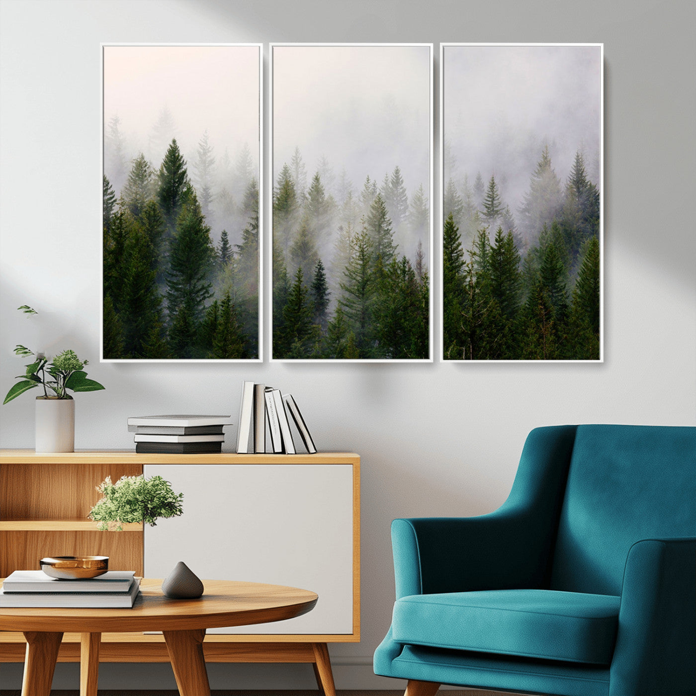 MGV-FC-48X32-3P - Misty Pine Forest Wall Art Canvas Print | 3 Panel Green Woodland Canvas Print for Living Room, Office, or Dining Room | Nature Foggy Forest Decor