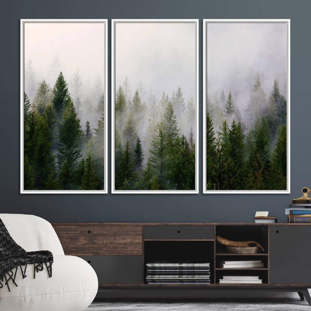 Misty Pine Forest Canvas Print serves as a foggy forest decor piece in the kitchen.