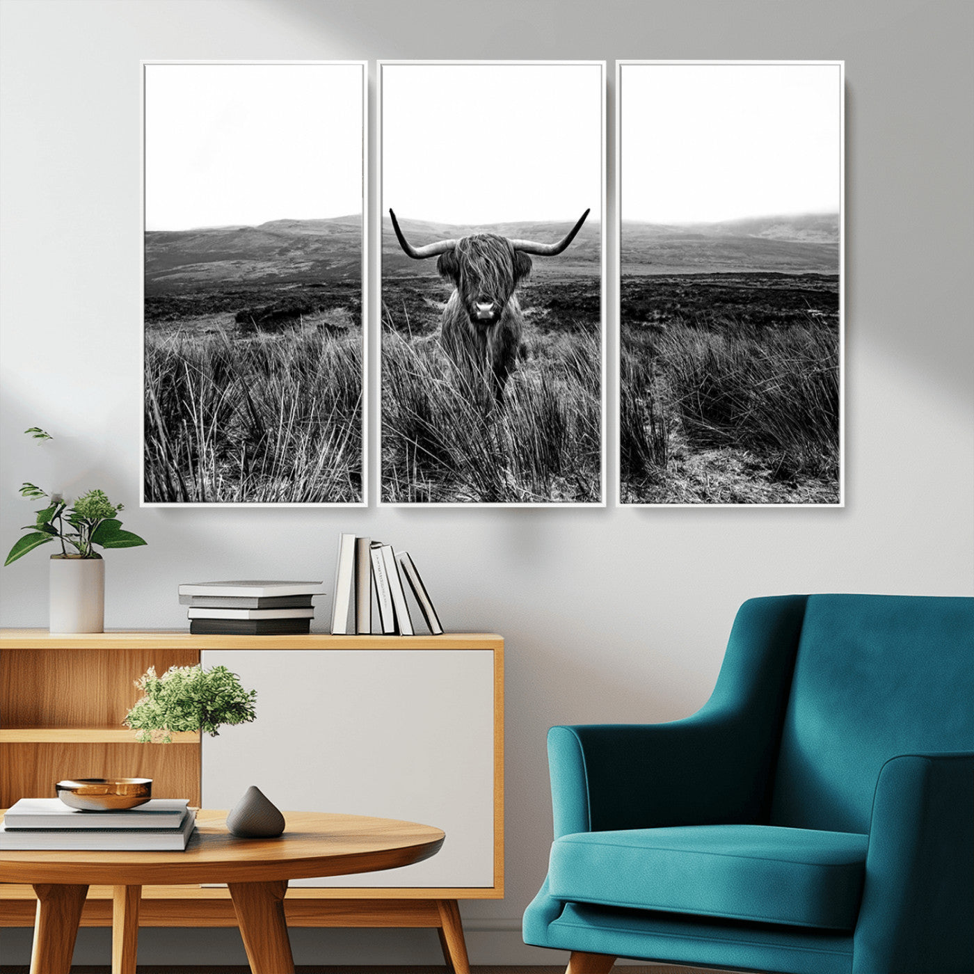 MGV-FC-48X32-3P - Black and White Highland Cow Canvas Wall Art, Longhorn Triptych Western Wall Decor for Cabin -