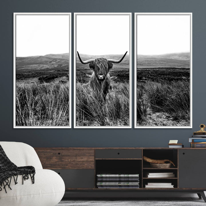 Dining room featuring a Black and White Highland Cow Canvas for a Western-themed decor.