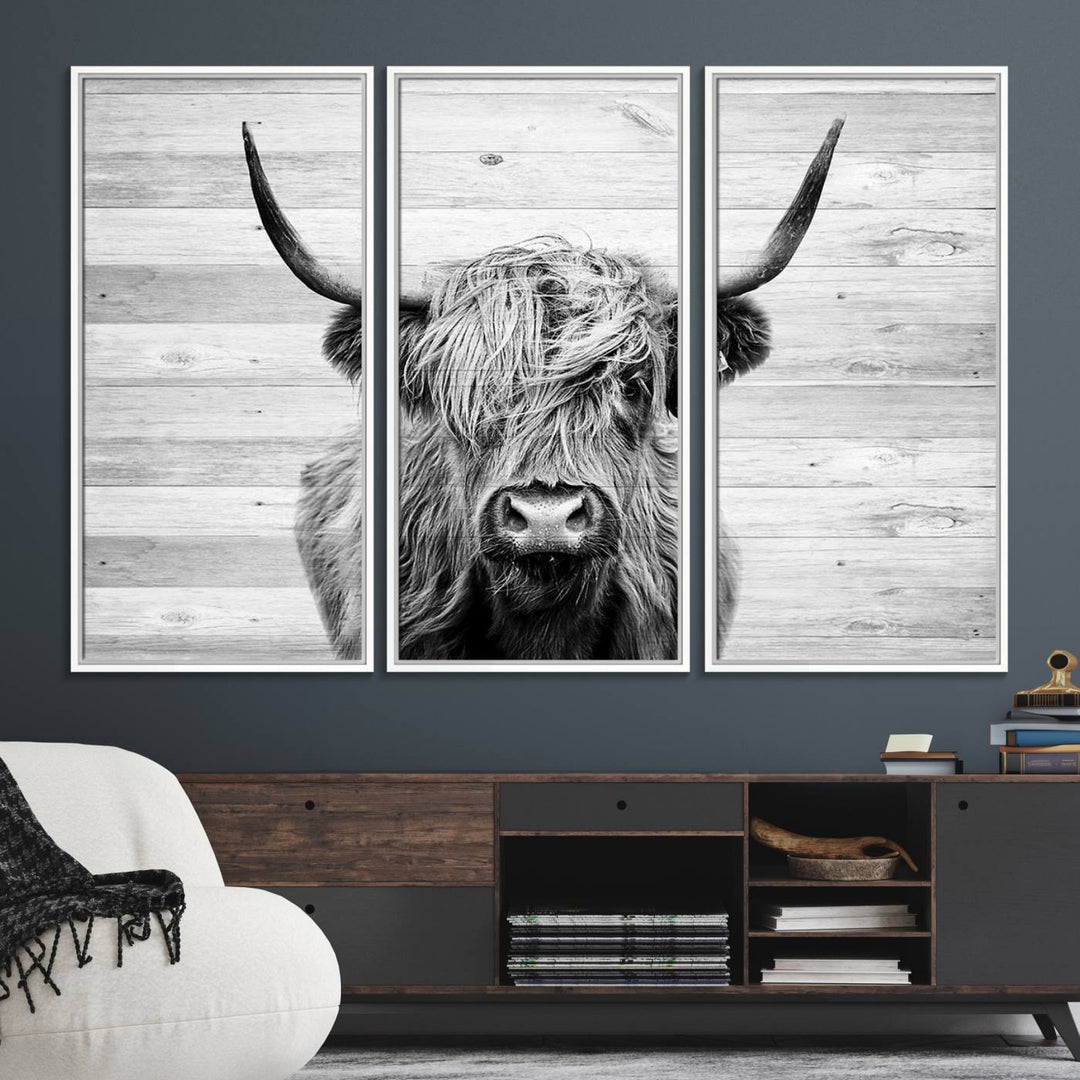 Scottish Highland Cow Cattle Art adds rustic farmhouse charm to the space.