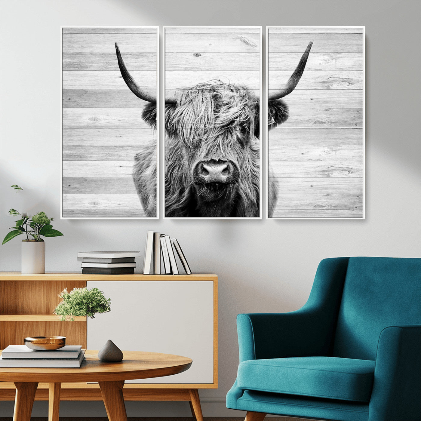 MGV-FC-48X32-3P - Scottish Highland Cow Cattle Art Print on Wood Background Style