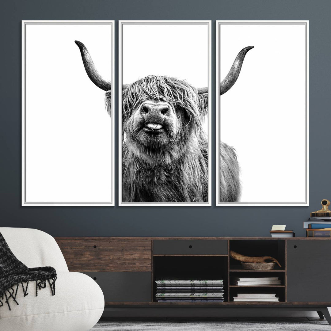 The Fanny Highland Cow art print decorates the modern kitchen, featured in black and white.