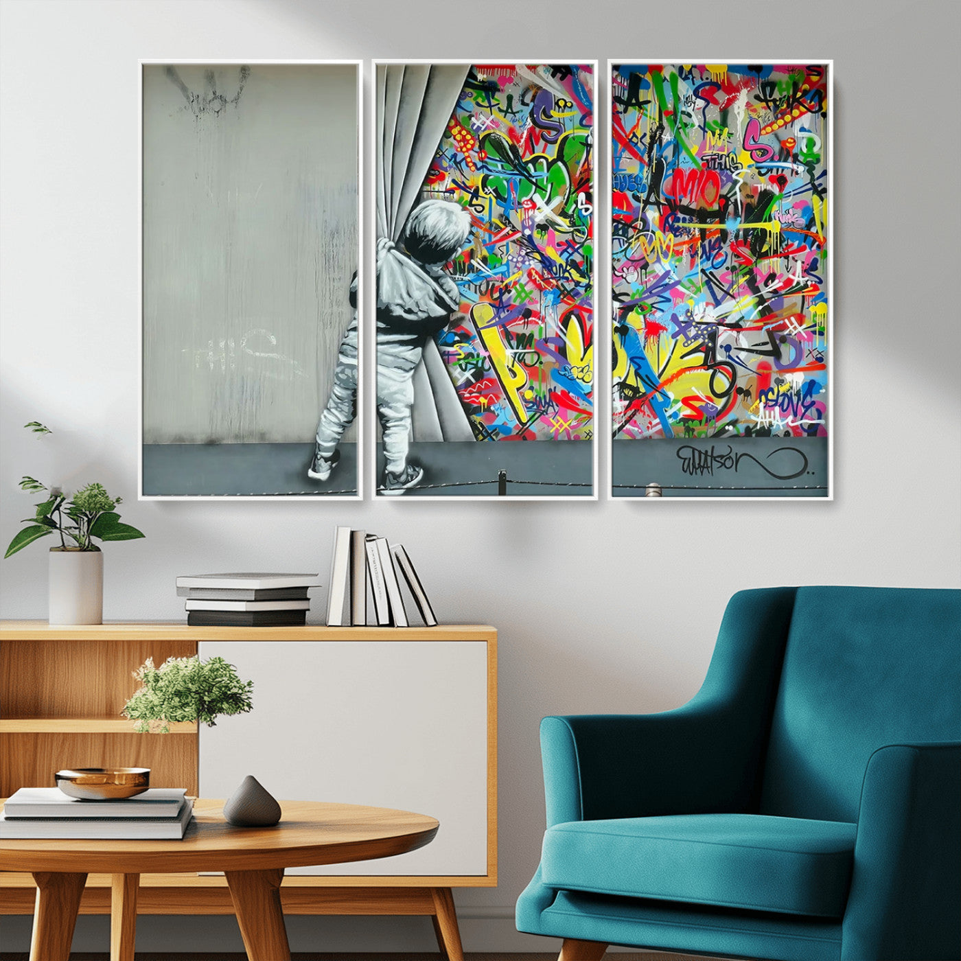 MGV-FC-48X32-3P - Banksy Colorful Street Graffiti Canvas Wall Art Print, Modern Art Triptych, Child and Graffiti Wall, Urban Art for Home or Office Decor
