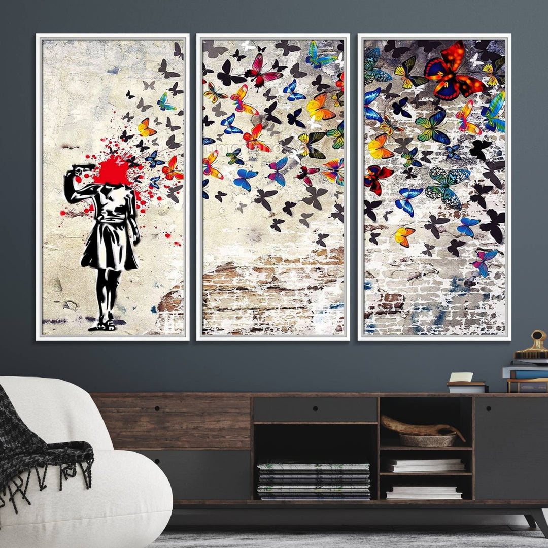 Banksy Art Butterfly Girl Explosion: Vibrant urban graffiti canvas for modern interiors, ready to hang.