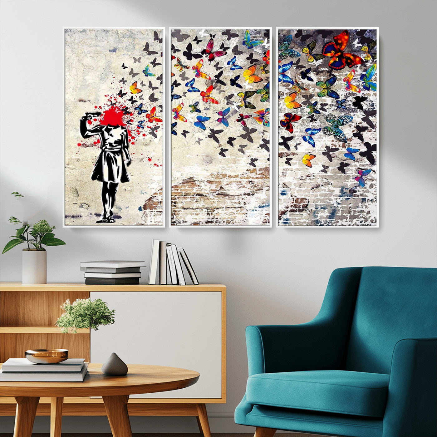 MGV-FC-48X32-3P - Banksy Art Butterfly Girl Explosion Canvas Art – Vibrant Urban Graffiti for Modern Interiors - Ready to Hang