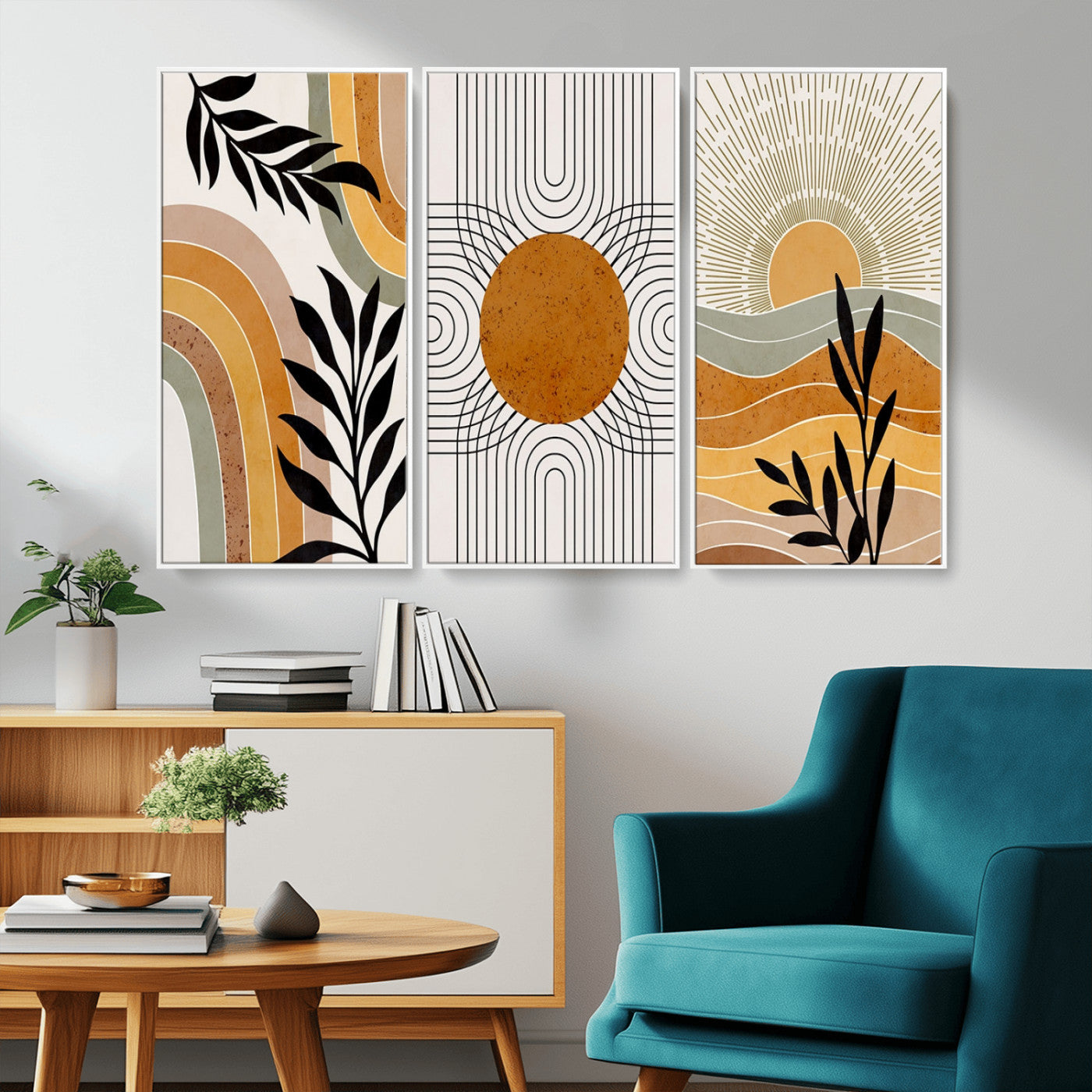 MGV-FC-48X32-3P - Modern Boho Sun and Leaf Abstract Art – 3-Panel Giclée Canvas for Mid-Century Modern or Bohemian
