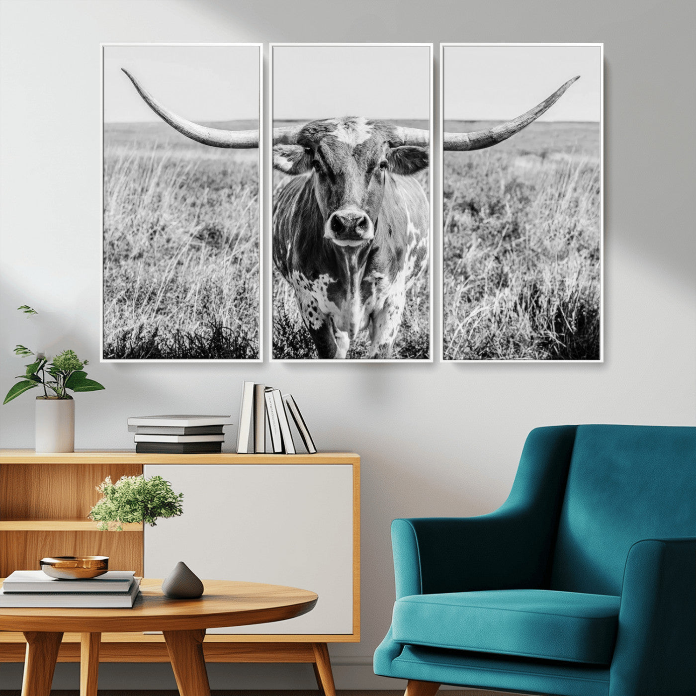 MGV-FC-48X32-3P - Texas Cow Longhorn Wall Art Canvas Print for Farm House Wall Decor, Farmhouse Wall Art Print