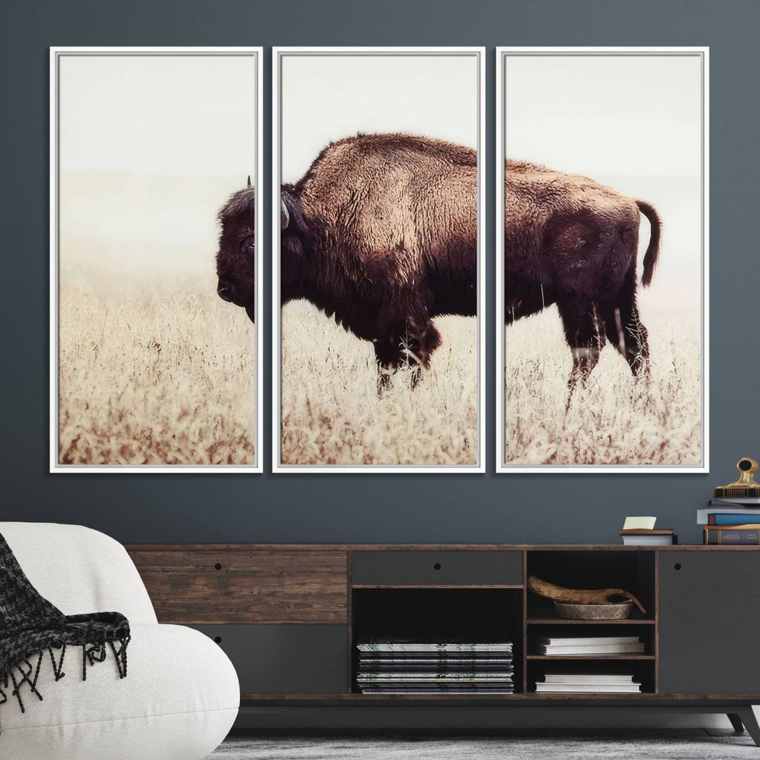 The dining room showcases the Bison in Field canvas print.