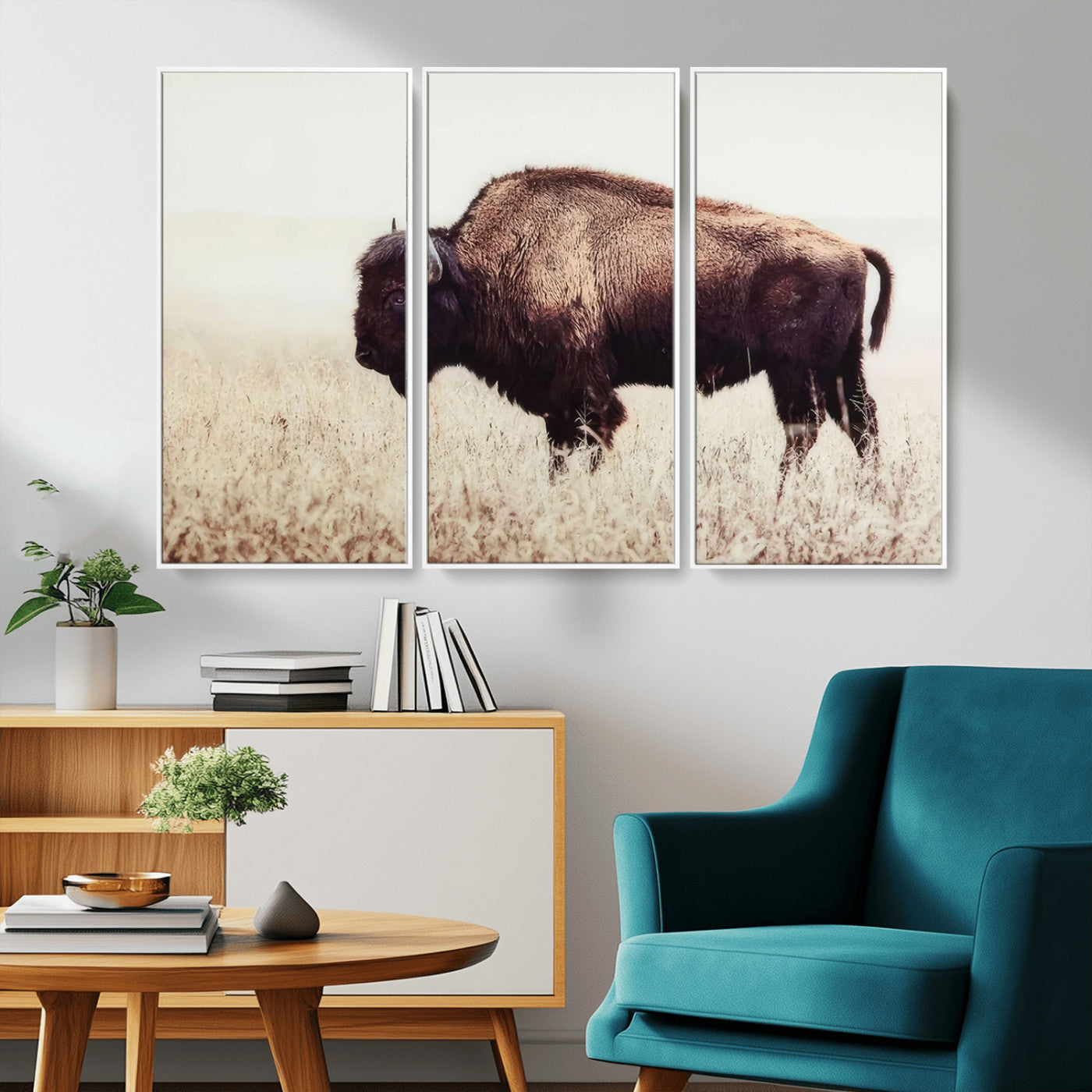 MGV-FC-48X32-3P - Bison in Field Wall Art Canvas Print For Farmhouse Barn Decor