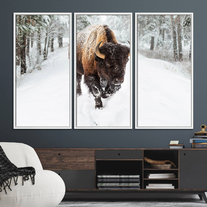 The dining area showcases the Bison Wall Art Canvas Print for Farmhouse.