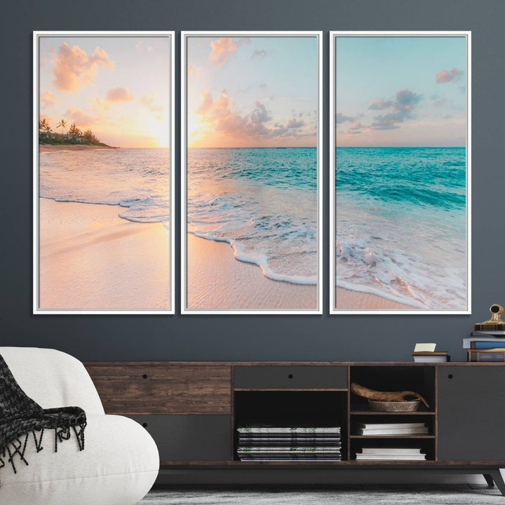 The kitchen features the Beach Sunrise Wall Art, Coastal Sunset Beach Scene.