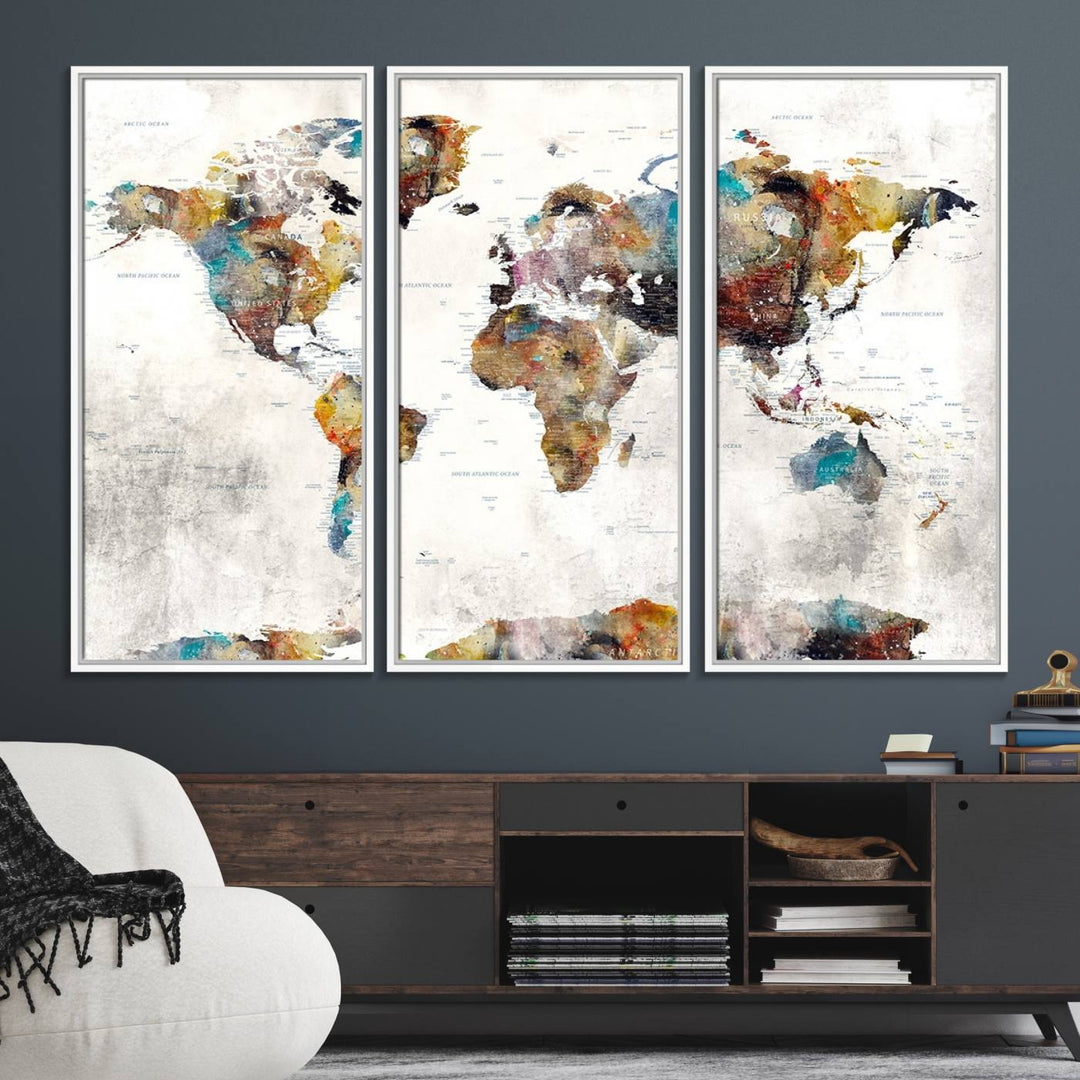 The Colorful World Map Wall Art Canvas Print adds vibrance to the space, ideal for geography lovers.