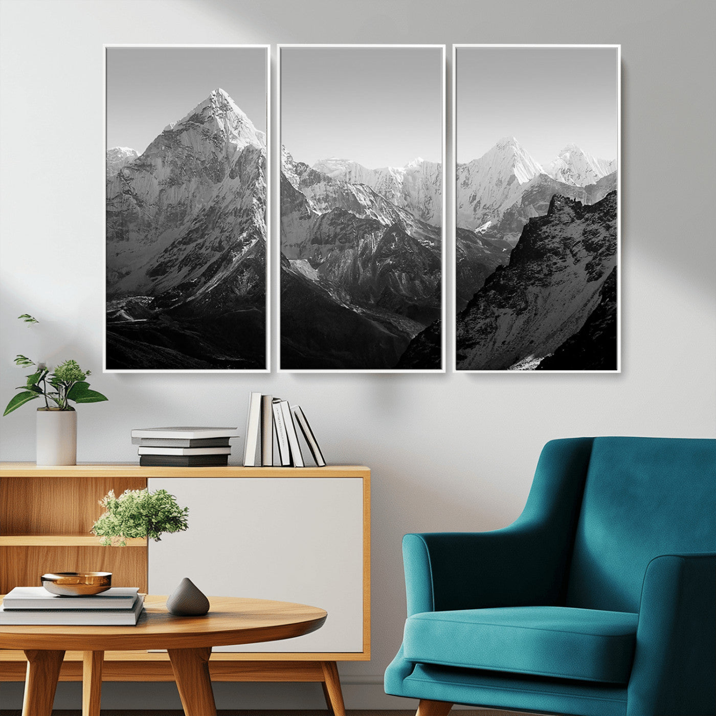 MGV-FC-48X32-3P - Everest Himalaya Mountain Peaks Black & White Triptych Canvas Art – Mountain Wall Decor for Minimalist Interiors