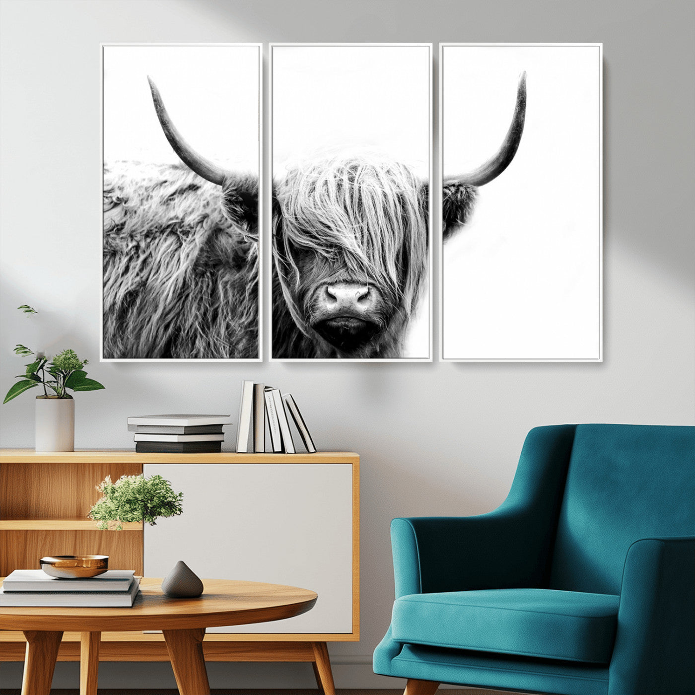 MGV-FC-48X32-3P - Black White Scottish Highland Cow Cattle Art Print Farmhouse Wall Art Canvas Print