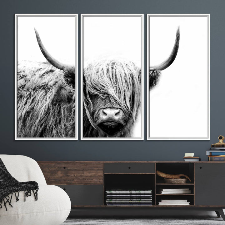 Framed Black and White Scottish Highland Cow Art Print.