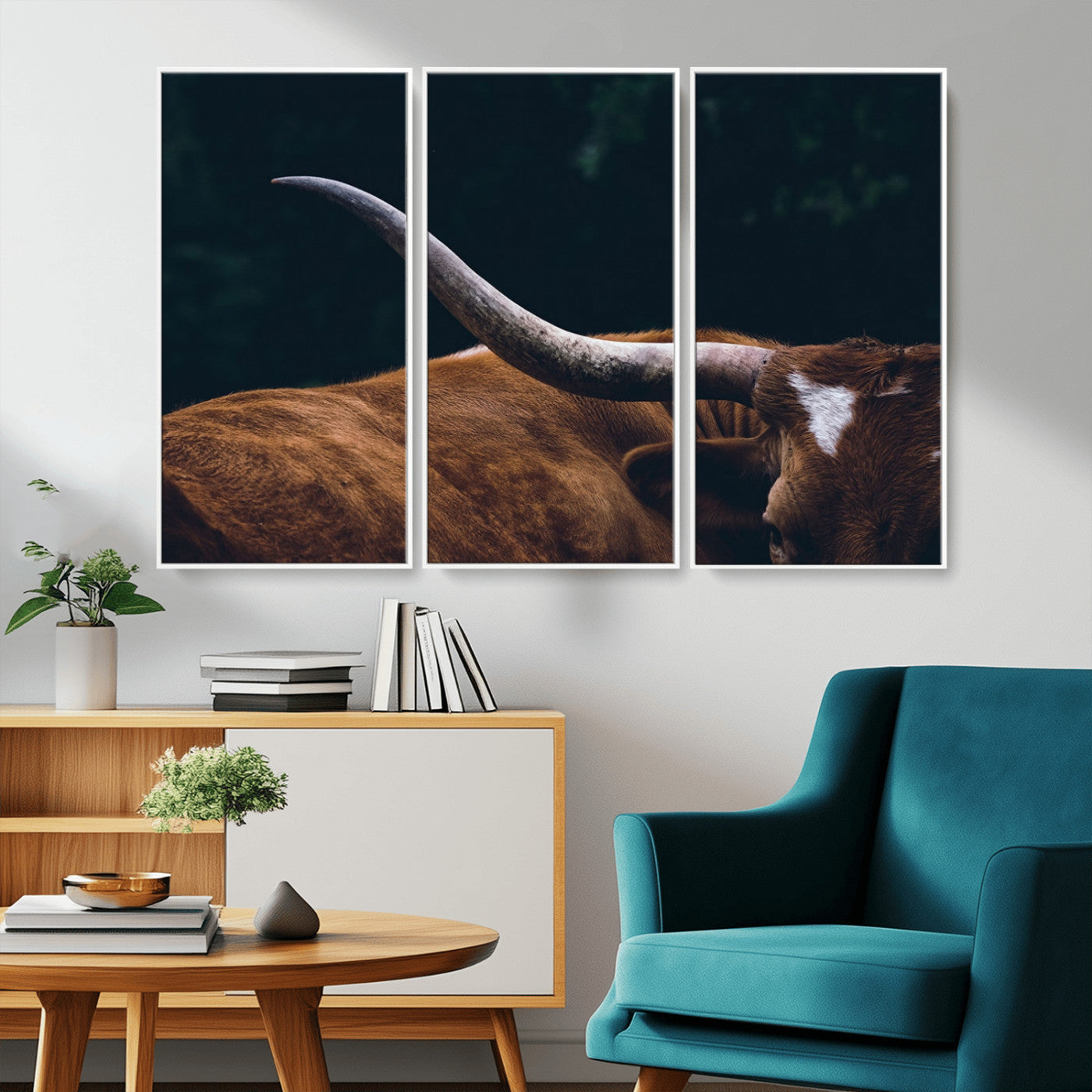 MGV-FC-48X32-3P - Texas Longhorn Bull Wall Art Canvas Print - Large Framed Canvas Wall Art, Animal Print for Rustic Home or Office Décor, Farmhouse Cabin Wall Decor