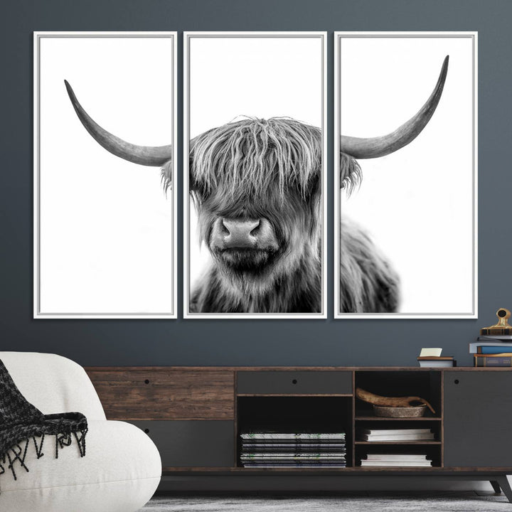 The Grayscale Scottish Highland Cow canvas is a museum-quality piece perfect for your dining room. Enjoy free shipping on this stunning artwork!.