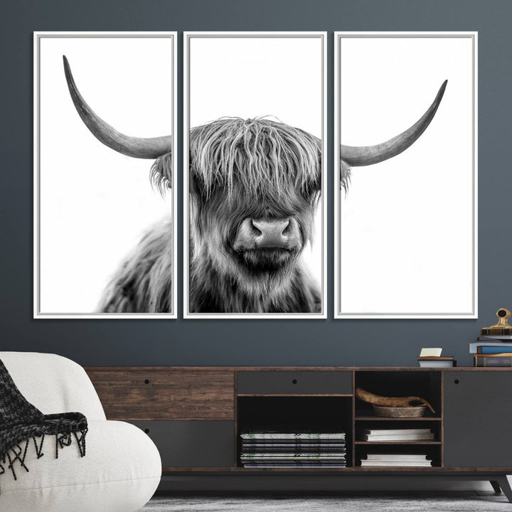 A Scottish Highland Cow Art Canvas adds charm to the farmhouse decor.