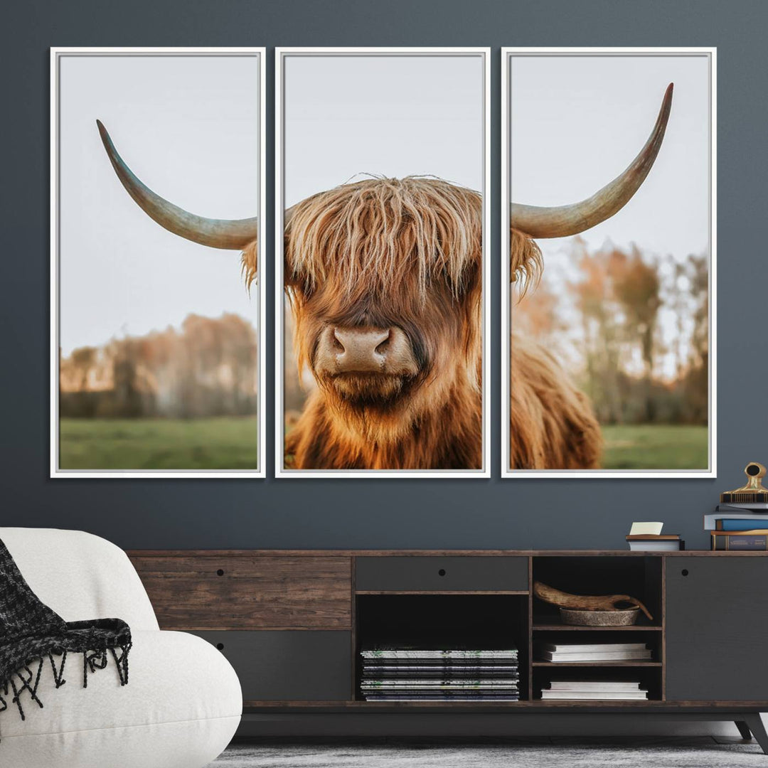 A dining room featuring a Highland Cow Animal Scottish Cattle canvas.