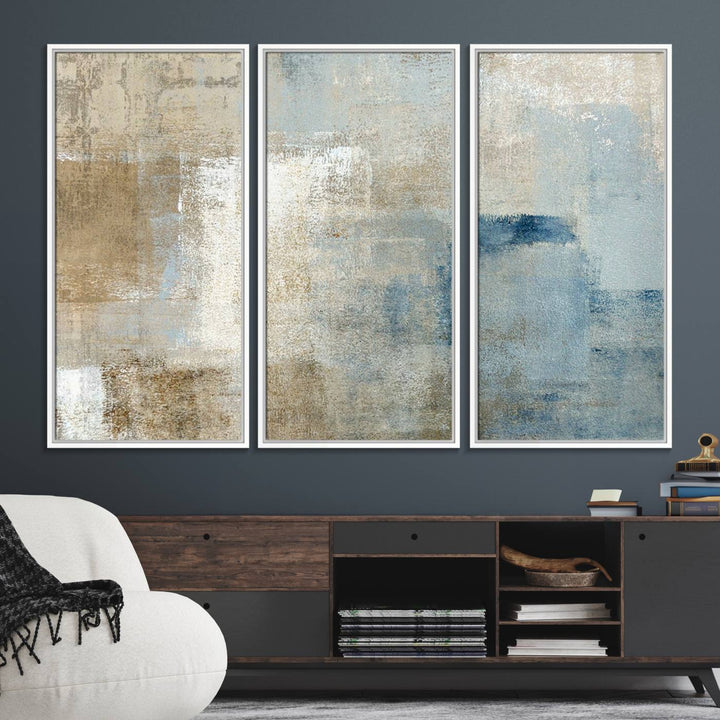 Abstract Blue and Beige Wall Art canvas print set with a modern minimalist aesthetic.