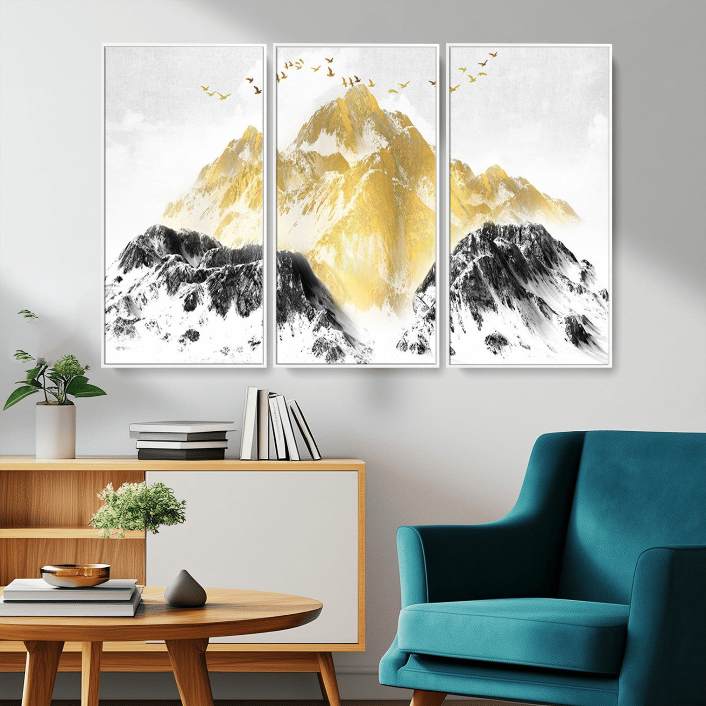 MGV-FC-48X32-3P - Golden Mountain Triptych Wall Art, Modern Giclee Canvas Print, Nature Landscape Decor for Living Room, Contemporary Gold and Black Wall Art