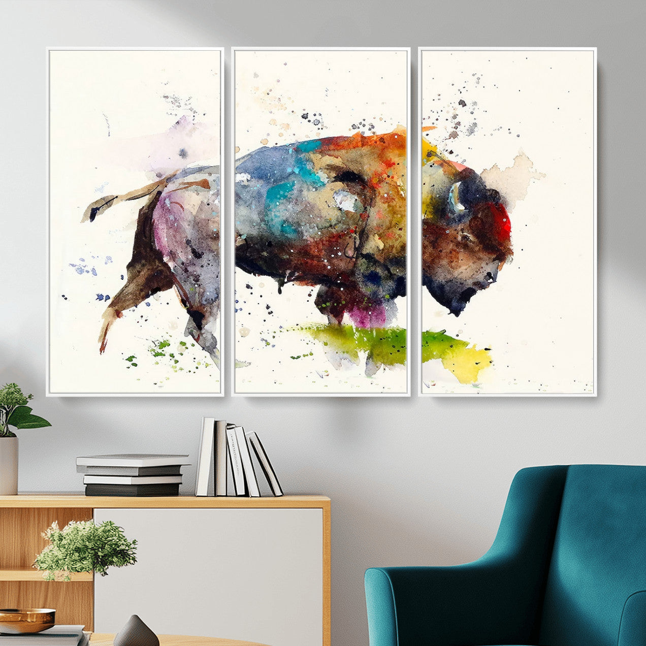 44504-MGV-CV-36X24 - Abstract Buffalo Wall Art, Western Watercolor Bison Canvas Print, Rustic Buffalo Art for Cowboy and