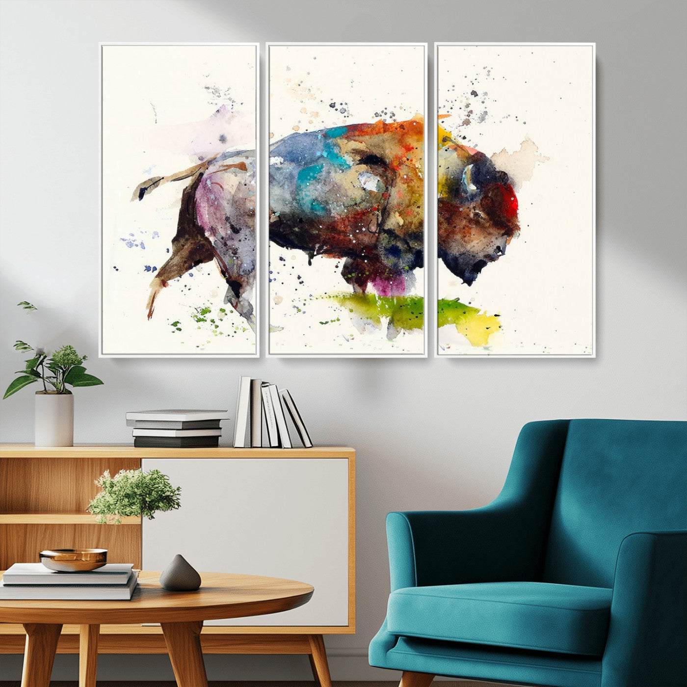 MGV-FC-48X32-3P - Abstract Buffalo Wall Art, Western Watercolor Bison Canvas Print, Rustic Buffalo Art for Cowboy and Western Decor, Large Multi-Panel Giclee Canvas