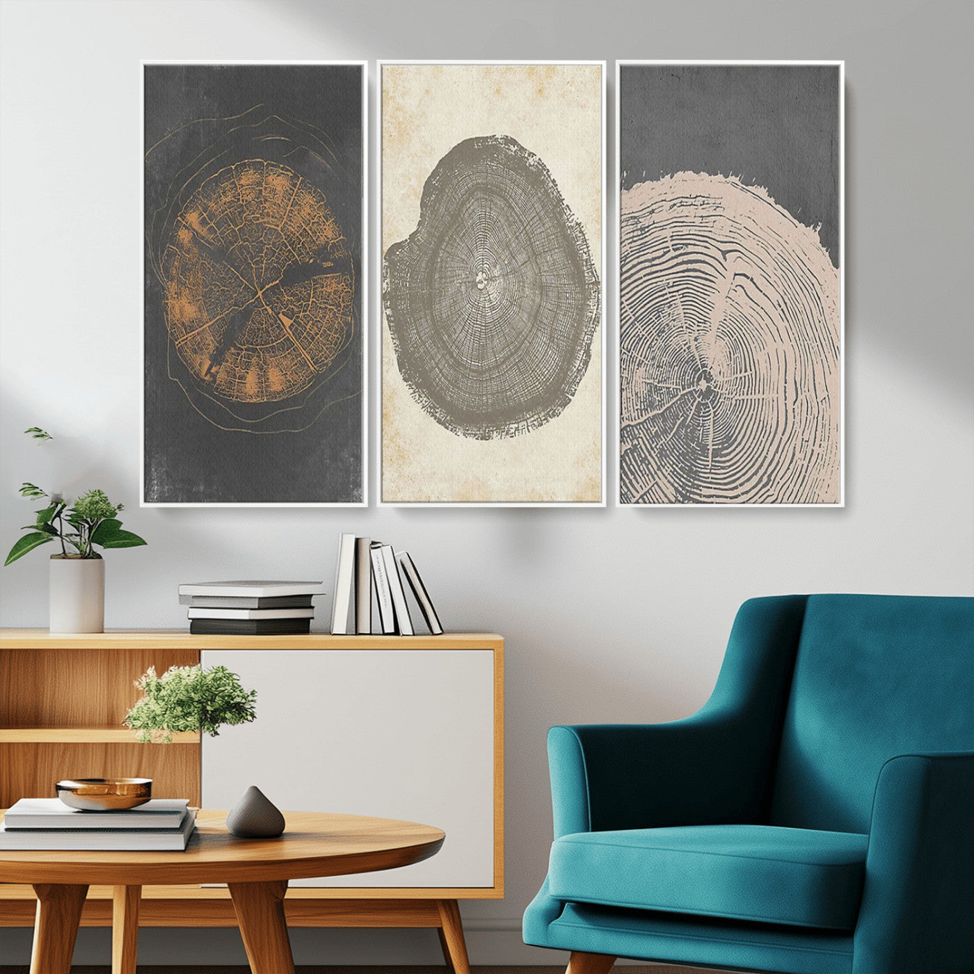MGV-FC-48X32-3P - Boho Tree Ring Wall Art, Modern Minimalist Wood Grain Canvas, Tree Slice for Rustic Decor, Farmhouse Decor Giclee Canvas Print, Tree Ring Canvas Set