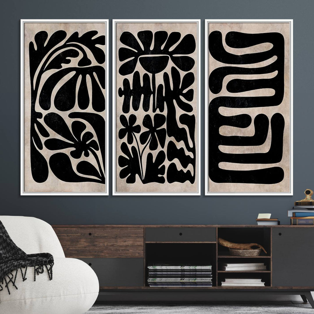 Canvas Print Wall Art Abstract Illustrs Art Boho features bold black patterns on a light background.