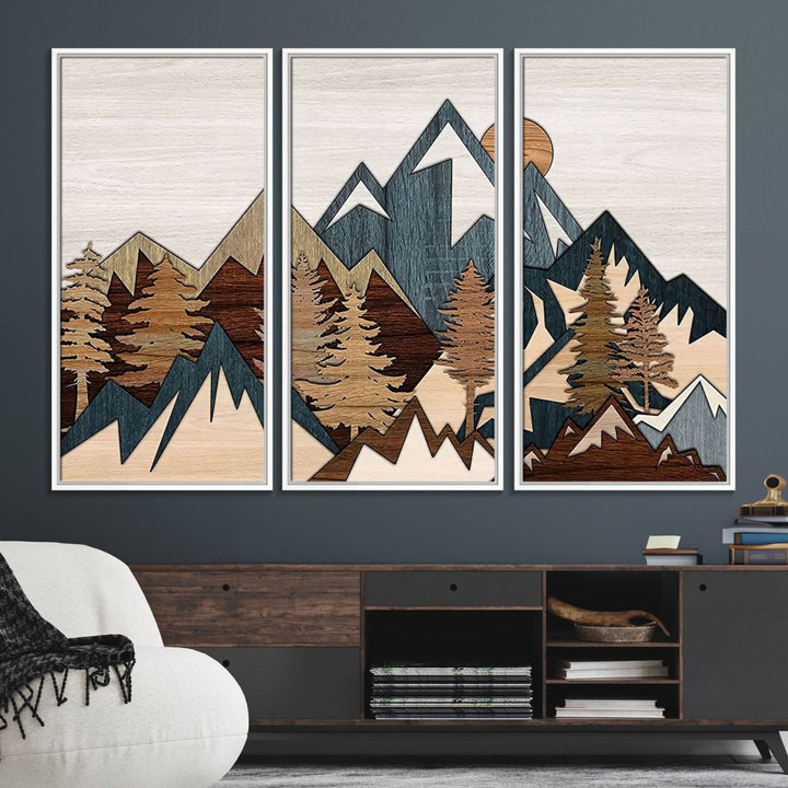 A Woodland Mountain Landscape Triptych serves as the centerpiece of the rustic decor.