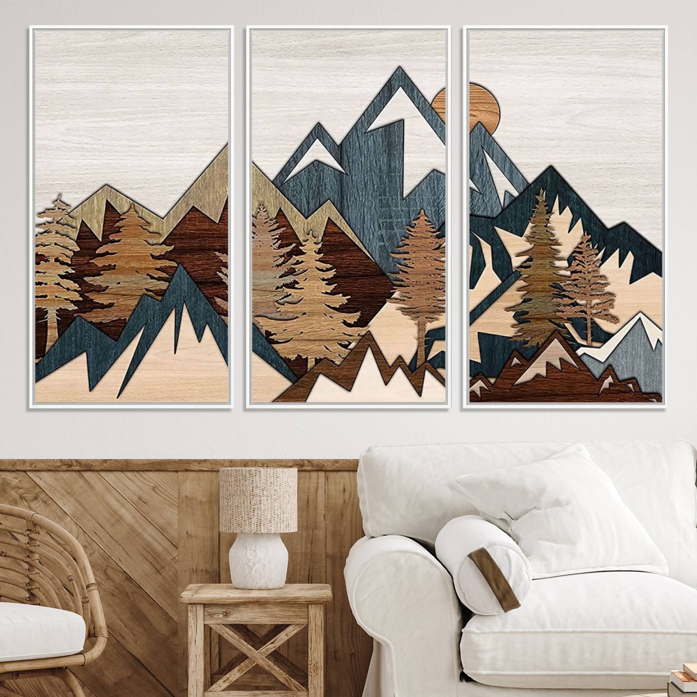 67950-MGV-CV-36X24-Rustic Abstract Wood Panel Effect Canvas Mountain Range Top Wood Wall Art Canvas Print