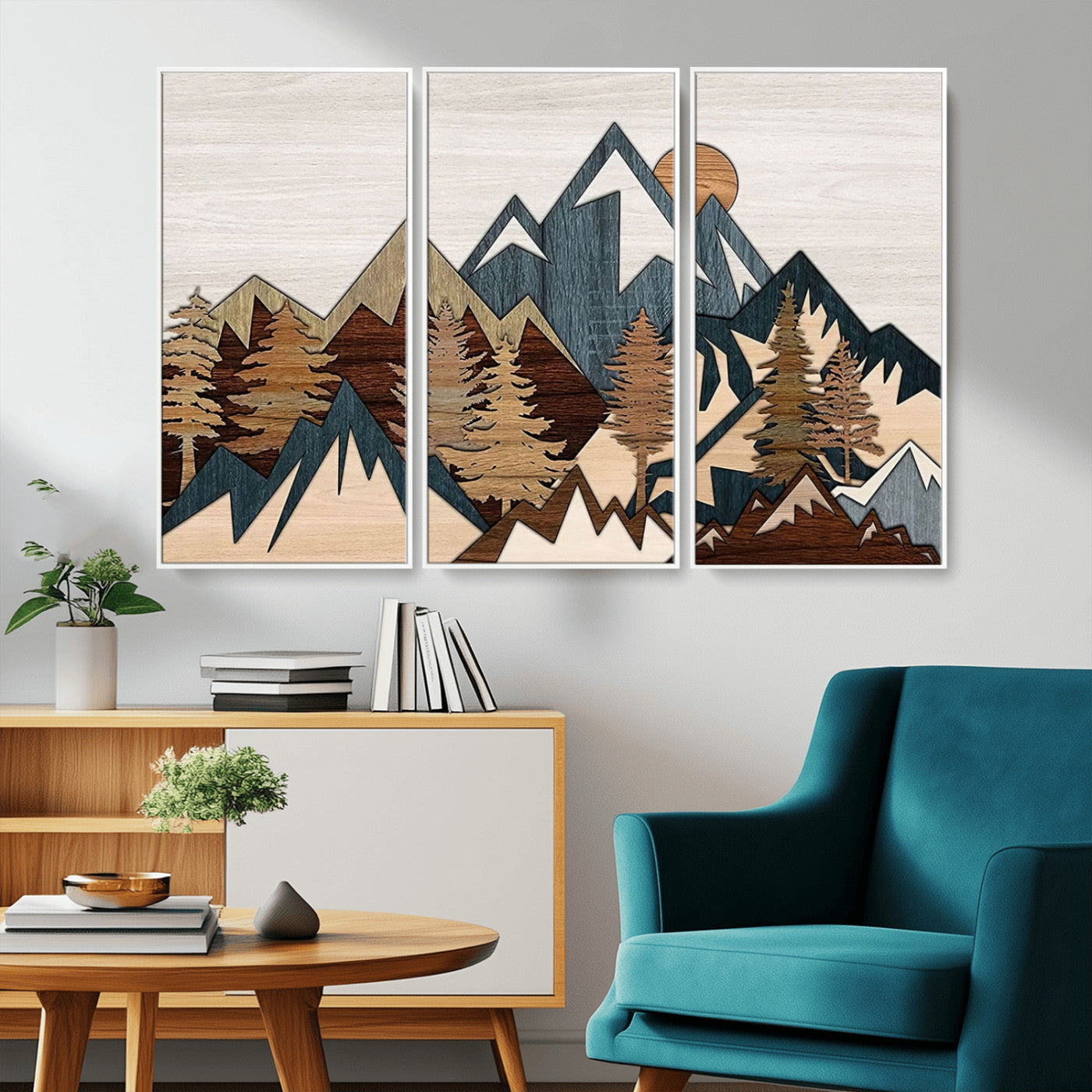 MGV-FC-48X32-3P - Rustic Abstract Wood Panel Effect Canvas Mountain Range Top Wood Wall Art Canvas Print