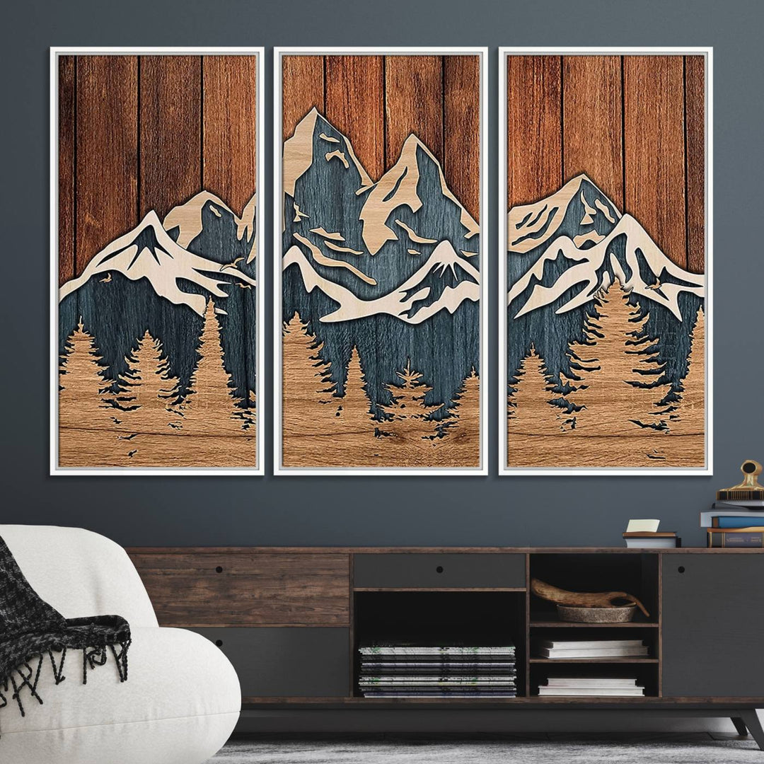 Rustic Wood Style Mountain Wall Art hangs on the wall.