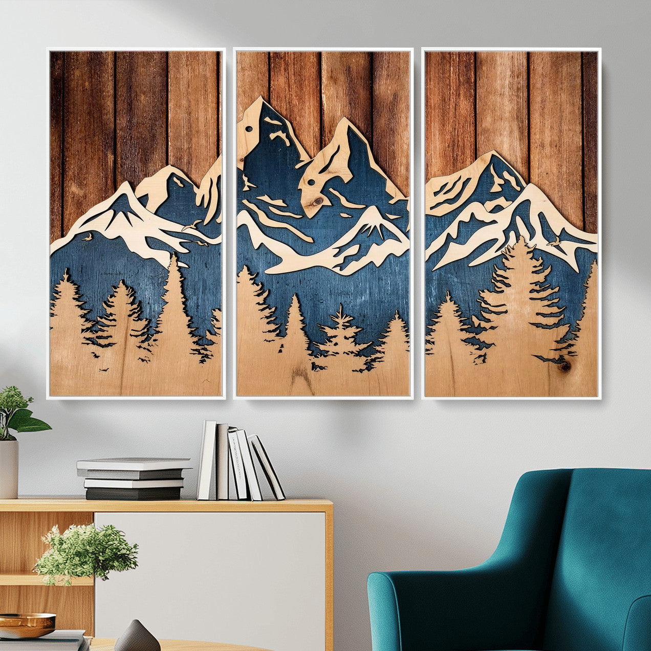41330-MGV-CV-36X24 - Rustic Wood Style Mountain Wall Art, Nature Forest Canvas Print, Wooden Textured Mountain Artwork Print
