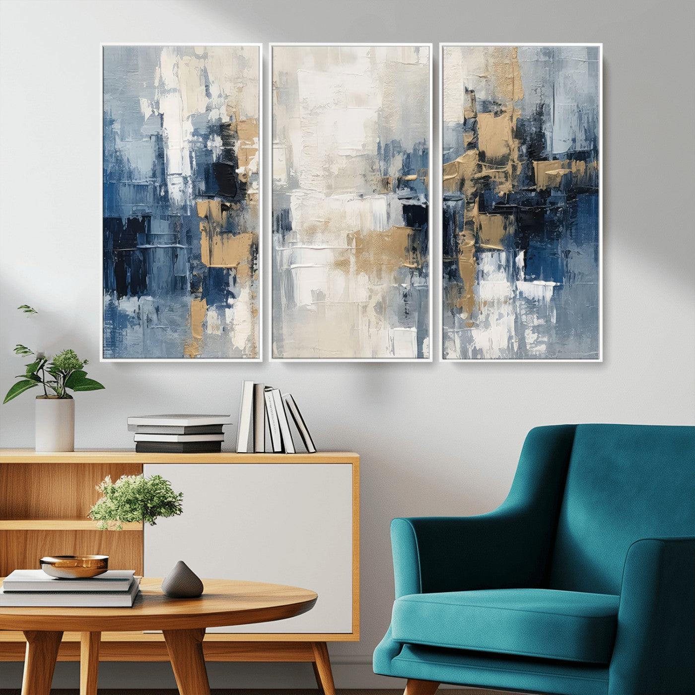 -Modern Abstract Canvas Wall Art in Blue and Gold Tones | Large Contemporary Art for Living Room,