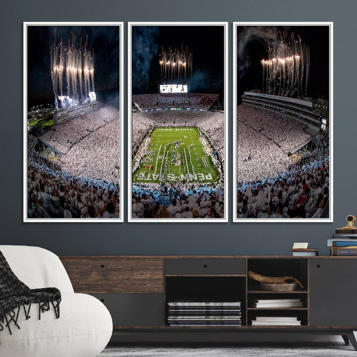 The perfect Penn State Football canvas wall art features a depiction of Beaver Stadium filled with fans in white, with fireworks exploding above.