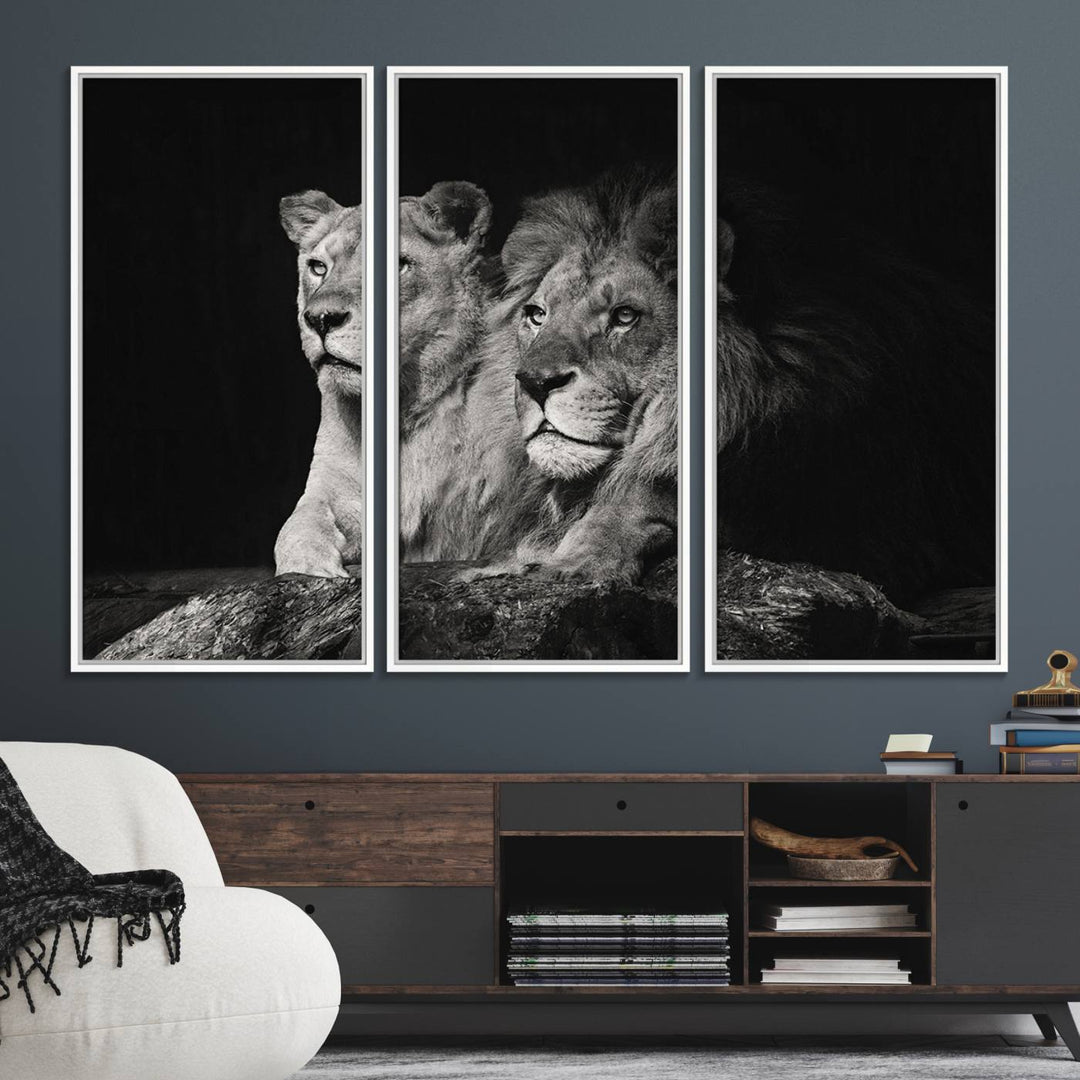 The Lion Couple Canvas Wall Art Print hangs prominently.