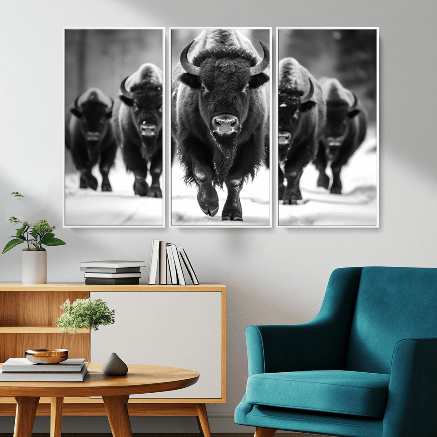 MGV-FC-48X32-3P - American Bison Art | Buffalo Herd Wall Art Canvas Print, BW American Bison Herd Wall Art Canvas Print