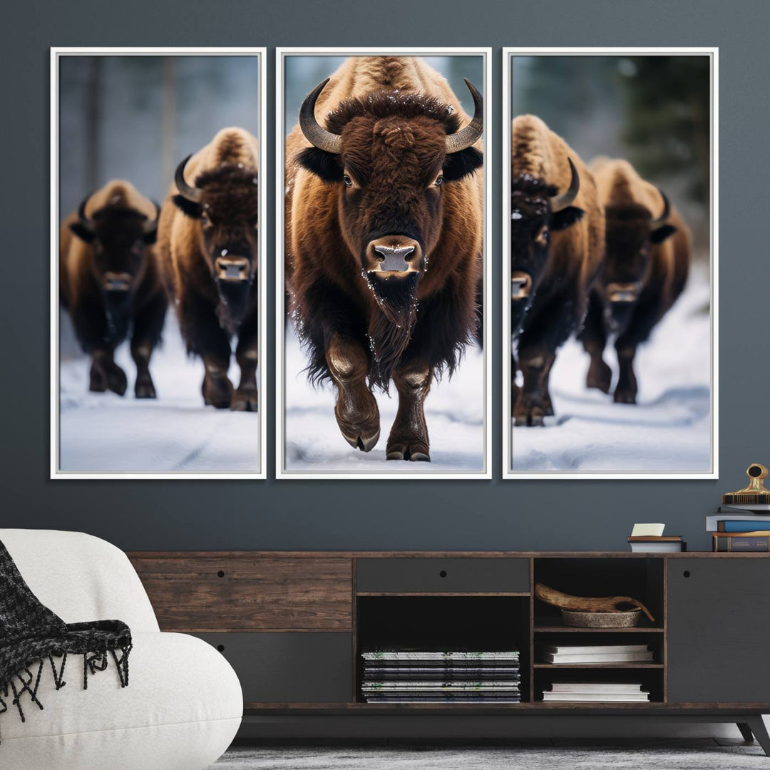 The dining room features an American Bison Herd Canvas Print against the snow.