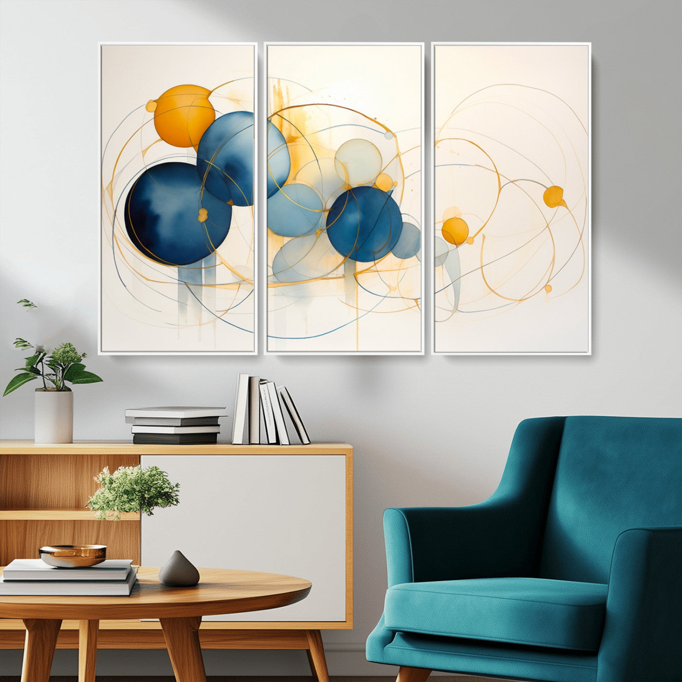 -Geometric Blue Orange Abstract Wall Art Canvas, Geometric Blue Orange Canvas Print
