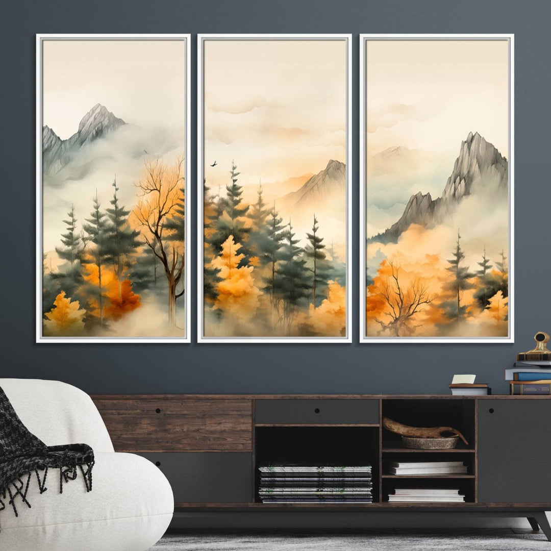 A wall art of Abstract Watercolor Mountains and Trees Autumn on museum-quality canvas.