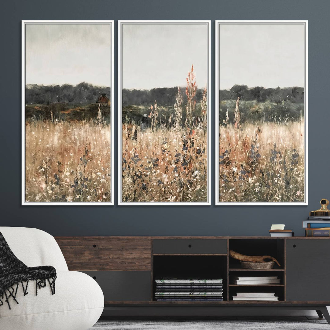 A dining room featuring the Abstract Wildflower Art Field Landscape Oil Painting Print.