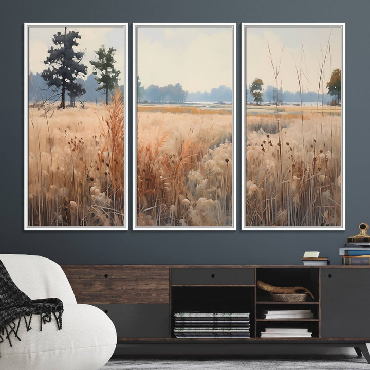 The Golden Fields Canvas Art Print, depicting a serene landscape, adds tranquility with its presence.