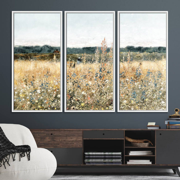 The Wildflower Field Wall Art adds a rustic touch to the space.