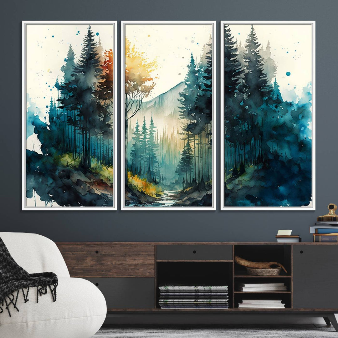 The Watercolor Trees Forest Abstract canvas print is displayed prominently.